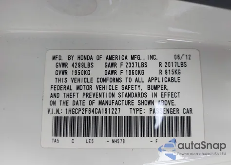 2012 Honda Accord 2.4 Se z USA, uszkodzony, nr VIN 1HGCP2F64CA191227